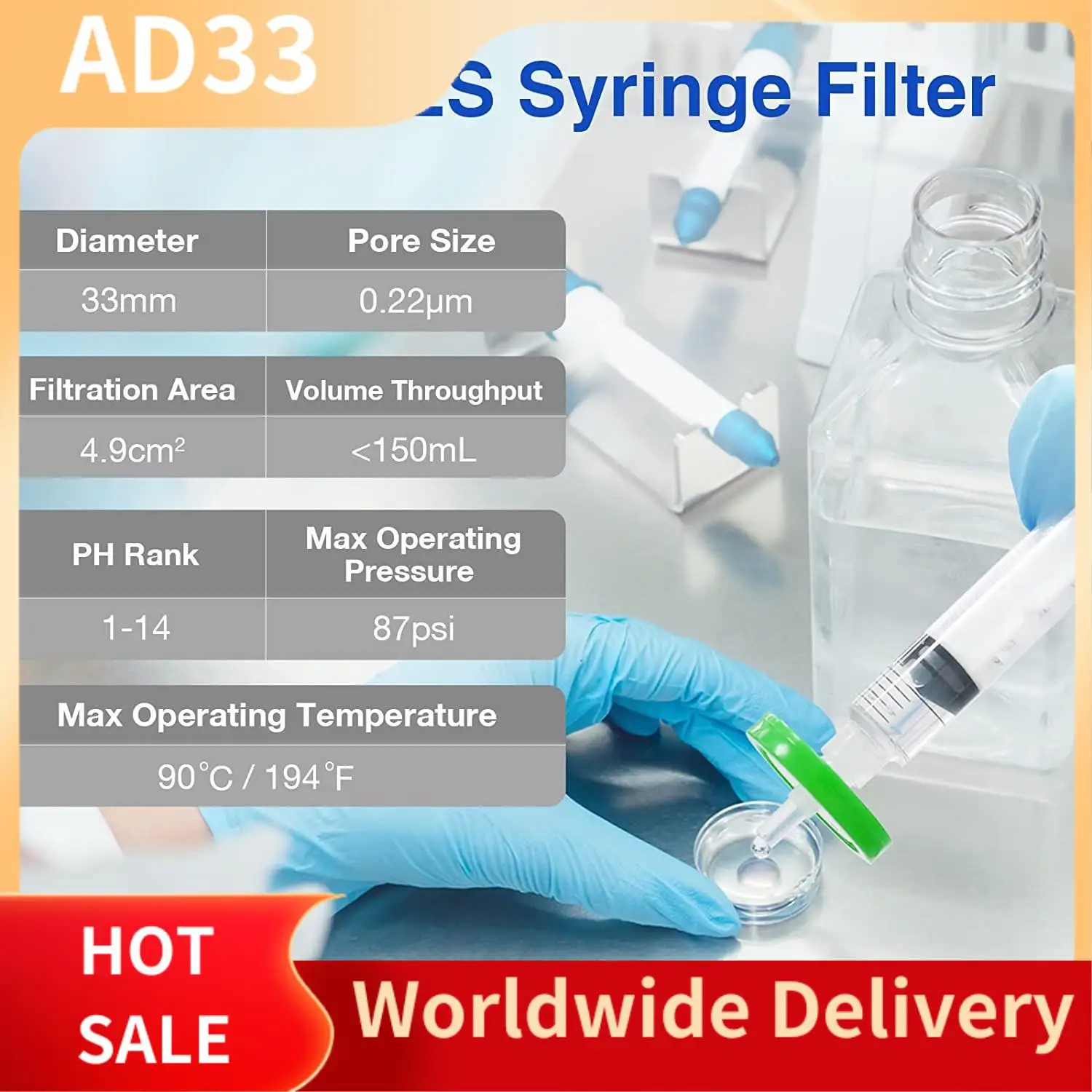 【A28I Sterile Syringe Filter PES 10 Pack, 0.22Um Pore Size, 33Mm Membrane Diameter, Hydrophilic Filtration High Throughput