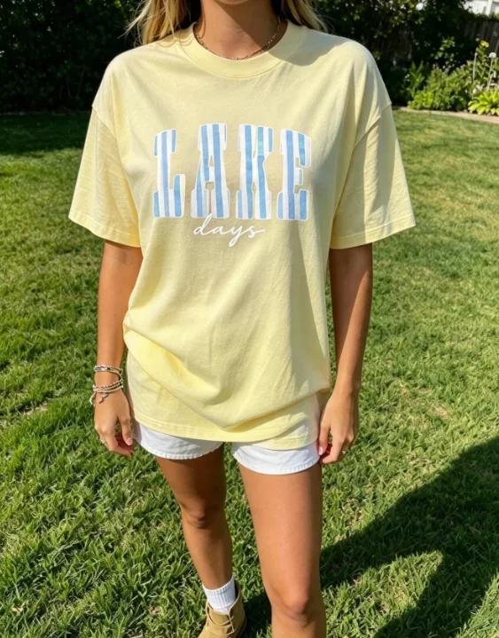 2026 Fashion New Lake Days Letter Graphic Women T-Shirt Preppy Style Summer Beach Vacation Casual Basic Top Tee
