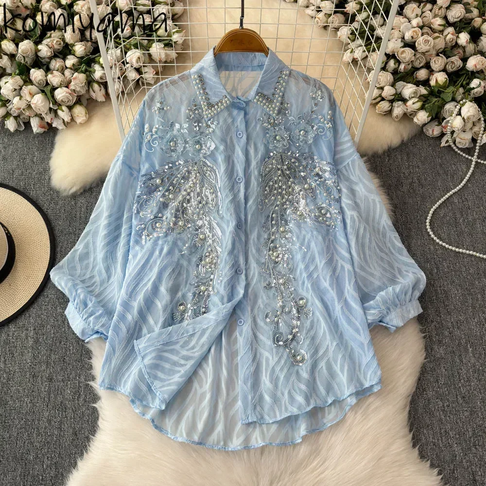 Diamond Sequin Embroidery Blusas Mujer Woman 2025 Shirts & Blouses Laple Long Sleeve Camisas Spring Women Clothing Ropa Mujer