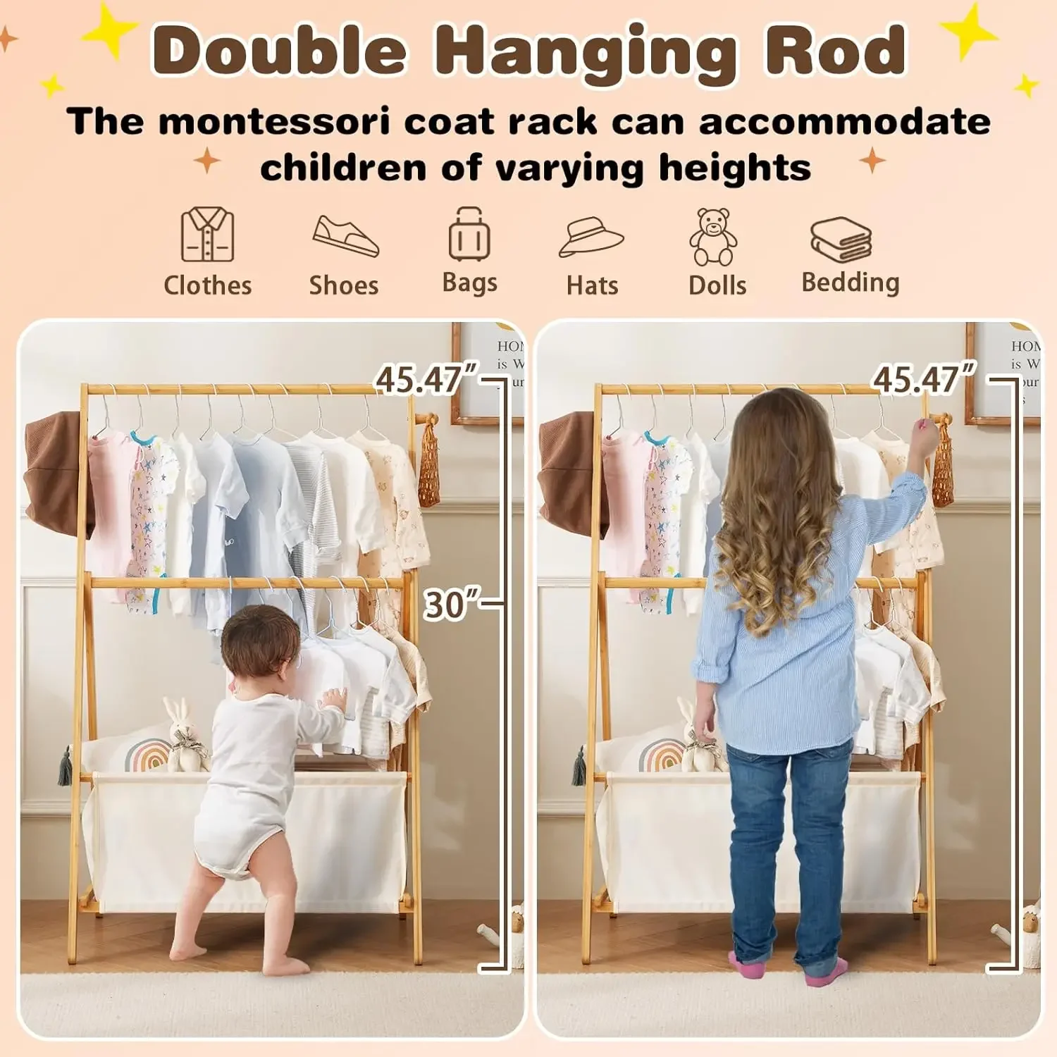 Kids Dress Up Rack for Girls, Bamboo Clothes Storage with Double Rods, Folding Costume Organizer