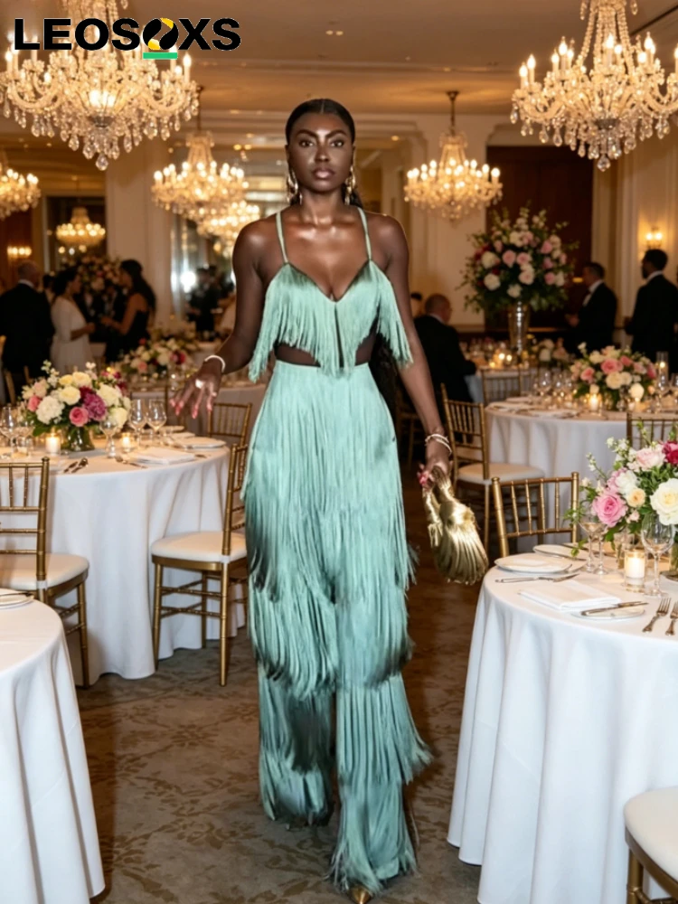 

Y2K Women Turquoise Fringe 2-Piece Set Spaghetti Strap Top Pants Elegant Waist Cutout Outfit for Party Cocktail Evening Clubwear