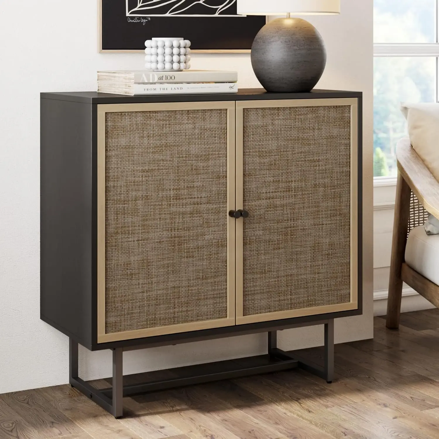 Rattan Wood Accent Sideboard Storage Cabinet with Matte Metal Frame, Adjustable Interior Shelves and Cane Doors, for Hallway, En