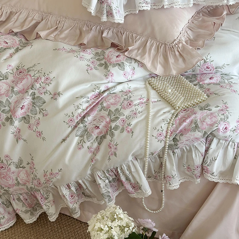 French Rose Flowers Print Lace Ruffles Bedding Set, Egyptian Cotton Duvet Cover, Bed Sheet, Pillowcases, Luxury Vintage, 1000TC