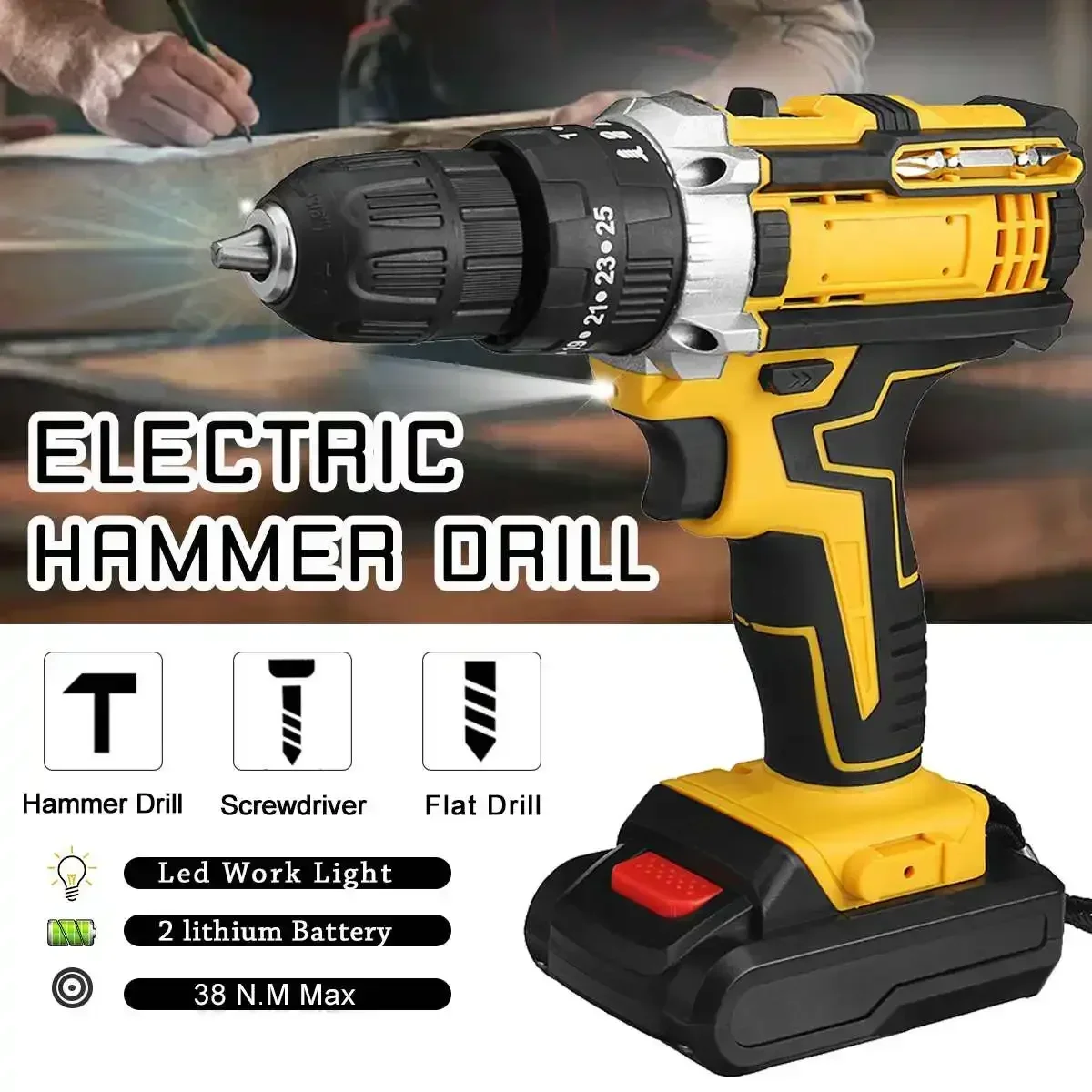 Gisam 25+3 Torque Electric Impact Screwdriver Multifunctional Cordless Drill Power Tool Setting 2 Gear Speed with 2 Batteries