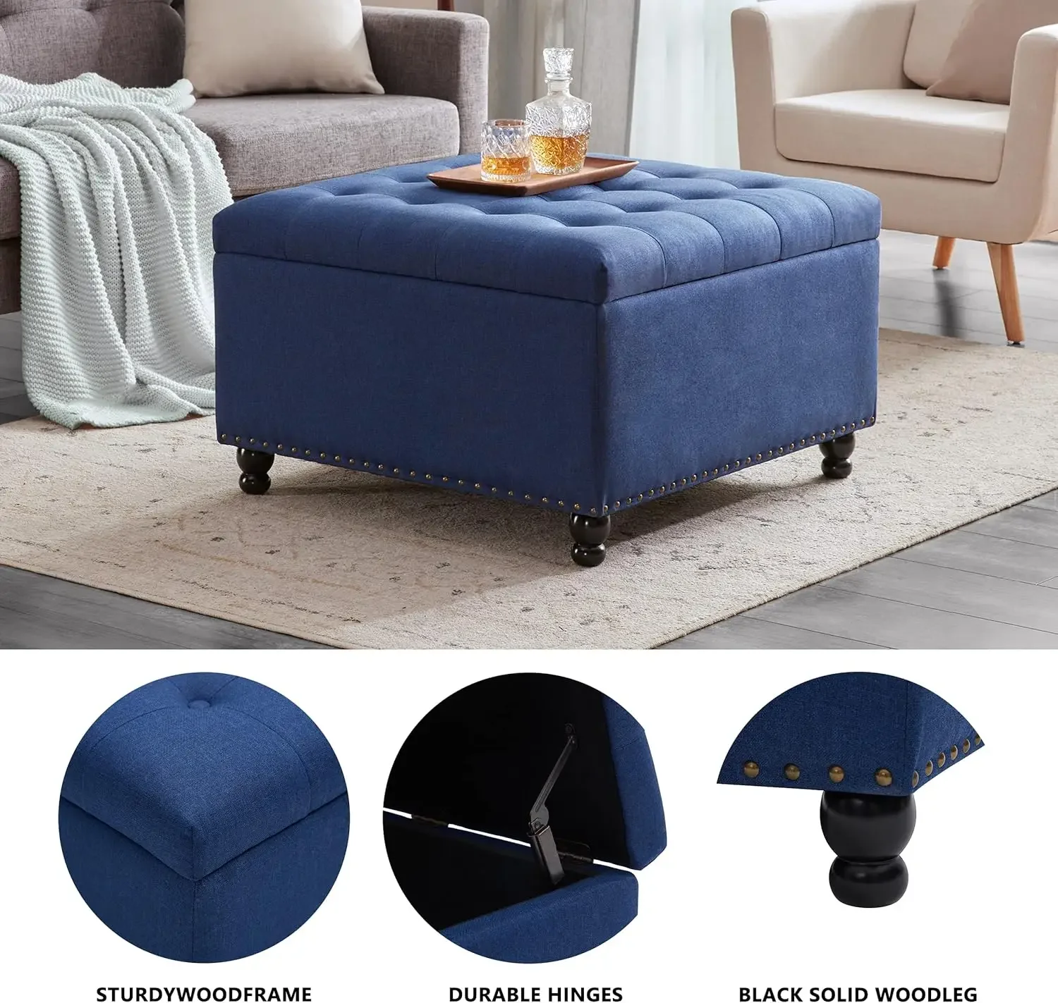 Grande Table Basse Carrée Tuftée avec Rangement, Banc Repose-Pieds Respiré pour Salon et Chambre à Coucher, Bleu