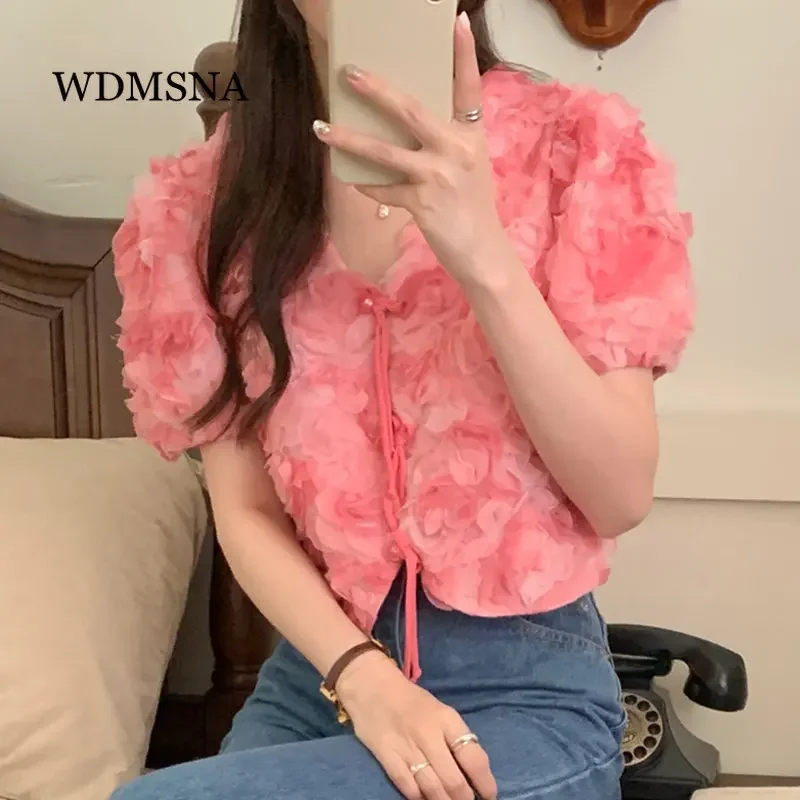 Summer Sweet V-neck Shirt for Women Three-dimensional Flowers Loose Puff Sleeves Blouses Korean Short Top Blusas Woman