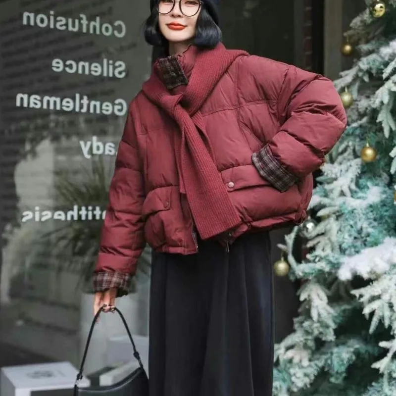 

New Down Jacket Warm Stand Collar Patchwork Plaid Cuffs Women's White Duck Down Coat Short Knit Scarf Hat Thick Loose Outerwear