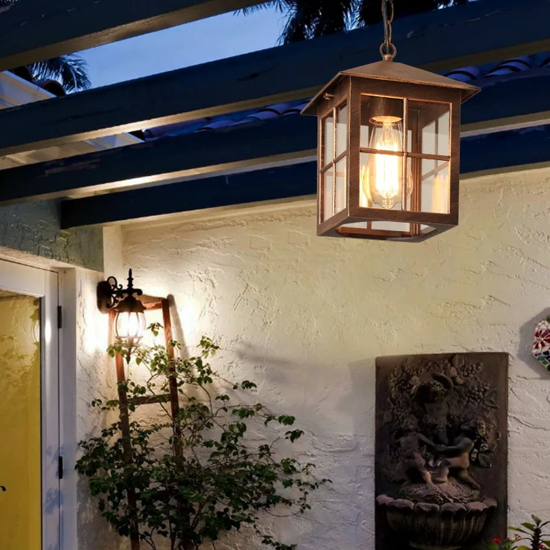 

Outdoor Pendant Light Garden Glass Lamp Balcony Outside Light Bar Brown Chandelier Lighting Hotel Lamp Glass Shade Include Bulb