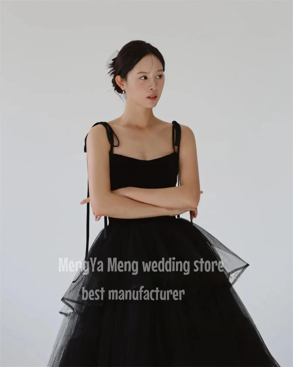 Tulle Tiered Evening Dresses Korea Black Wedding Party Layered Photo shoot Spaghetti Straps Floor Length Bride Gowns Corset Back