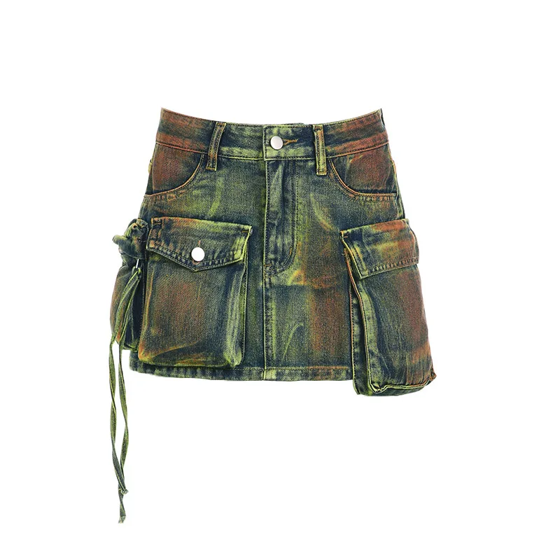 

2024 Fashion Irregular Pocket Denim Skirts Women Summer High Waist Tie Dye Mini Skirts Y2K Asymmetrical Female Jean Skirt