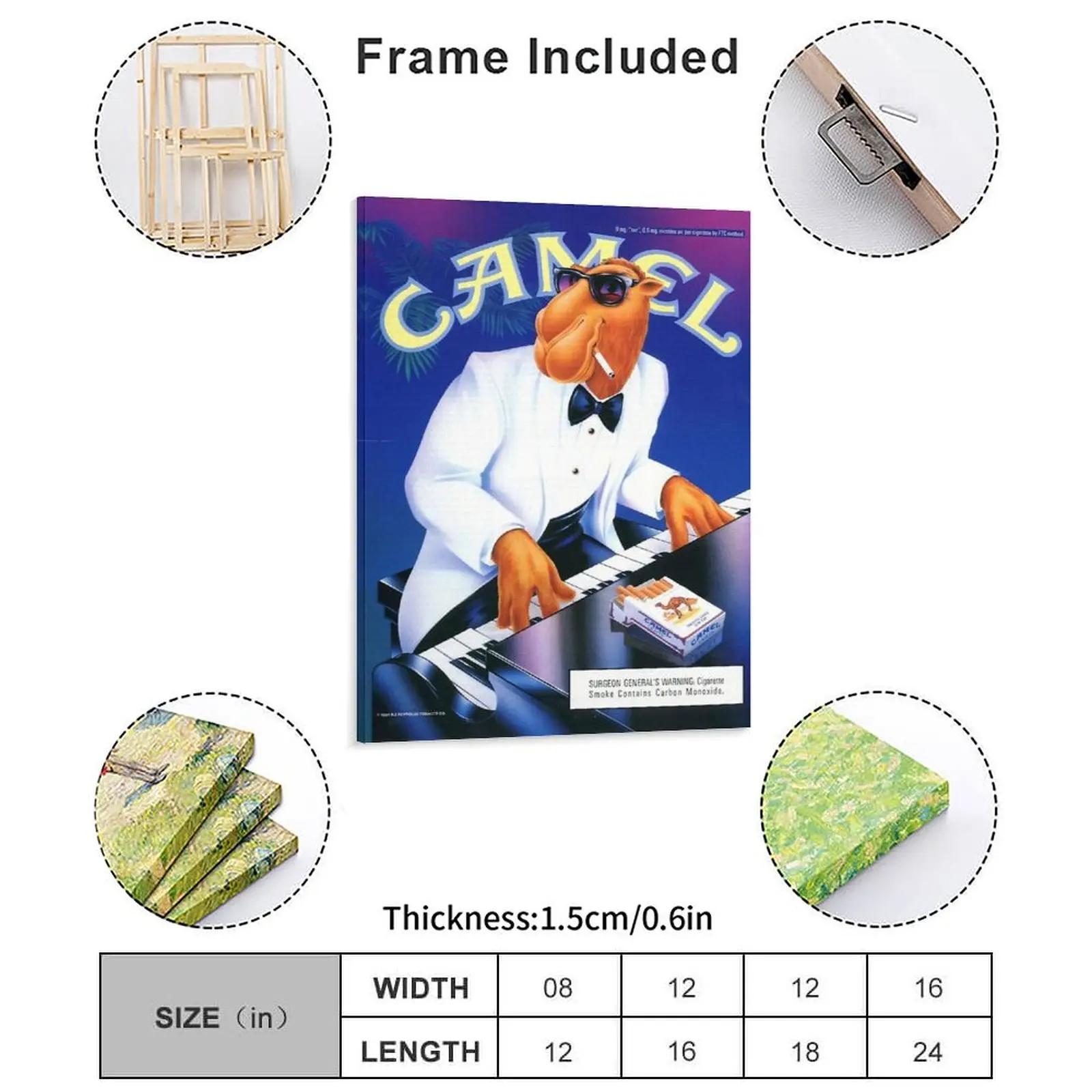 Vintage Joe Camel Roulette Ad Canvas Painting Party Club Classic Pub Wall Cave Character Joe Camel Framed Wall Painting