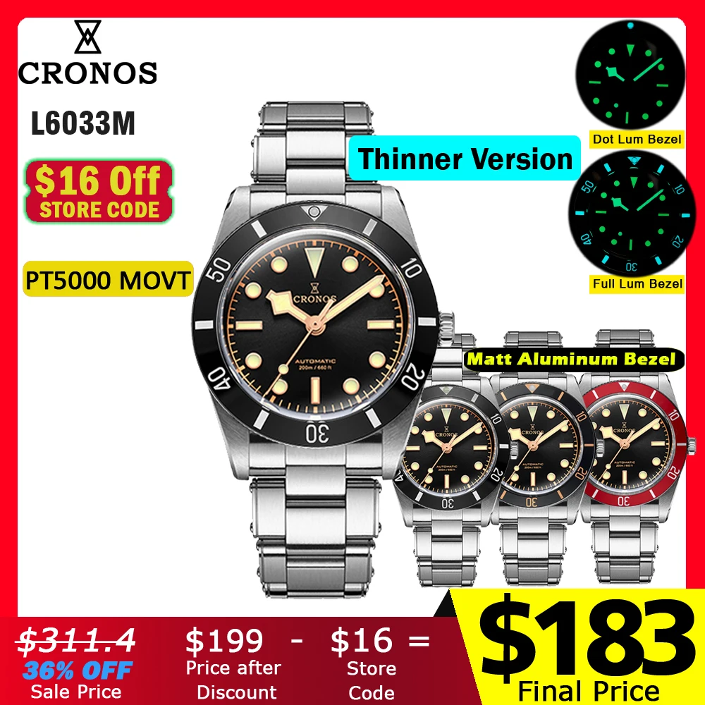 Cronos Luxury Men Watch 37mm Diver BB54 Vintage Automatic Wristwatches Female End Links Sapphire 20 Bar L6033