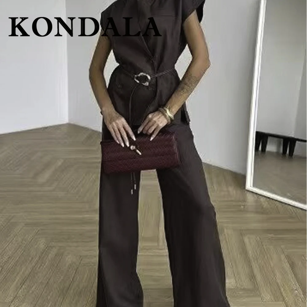 

KONDALA Vintage Elegant Brown Casual Fashion 2025 Woman Suit Waistband Vest+Wide Leg Long Pants Streetwear Autumn Mujer Sets