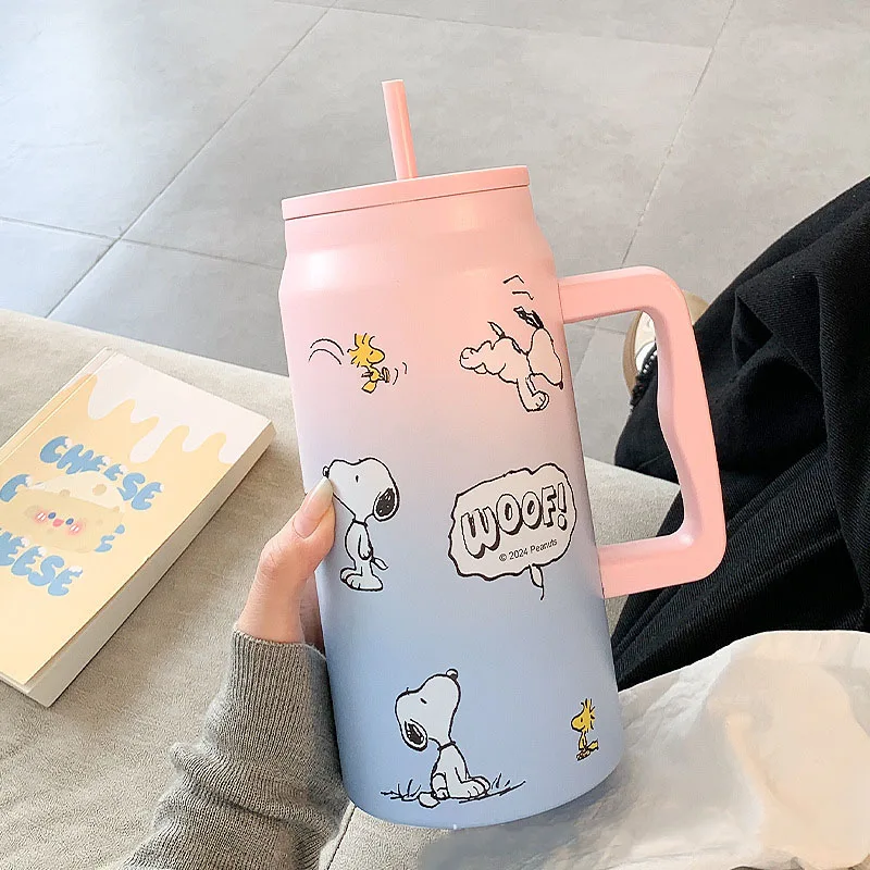 MINISO Snoopy Insulated Cup Large Capacity Straw Water Cup Black Portable Stainless Steel Cup Children\'S Travel Cup