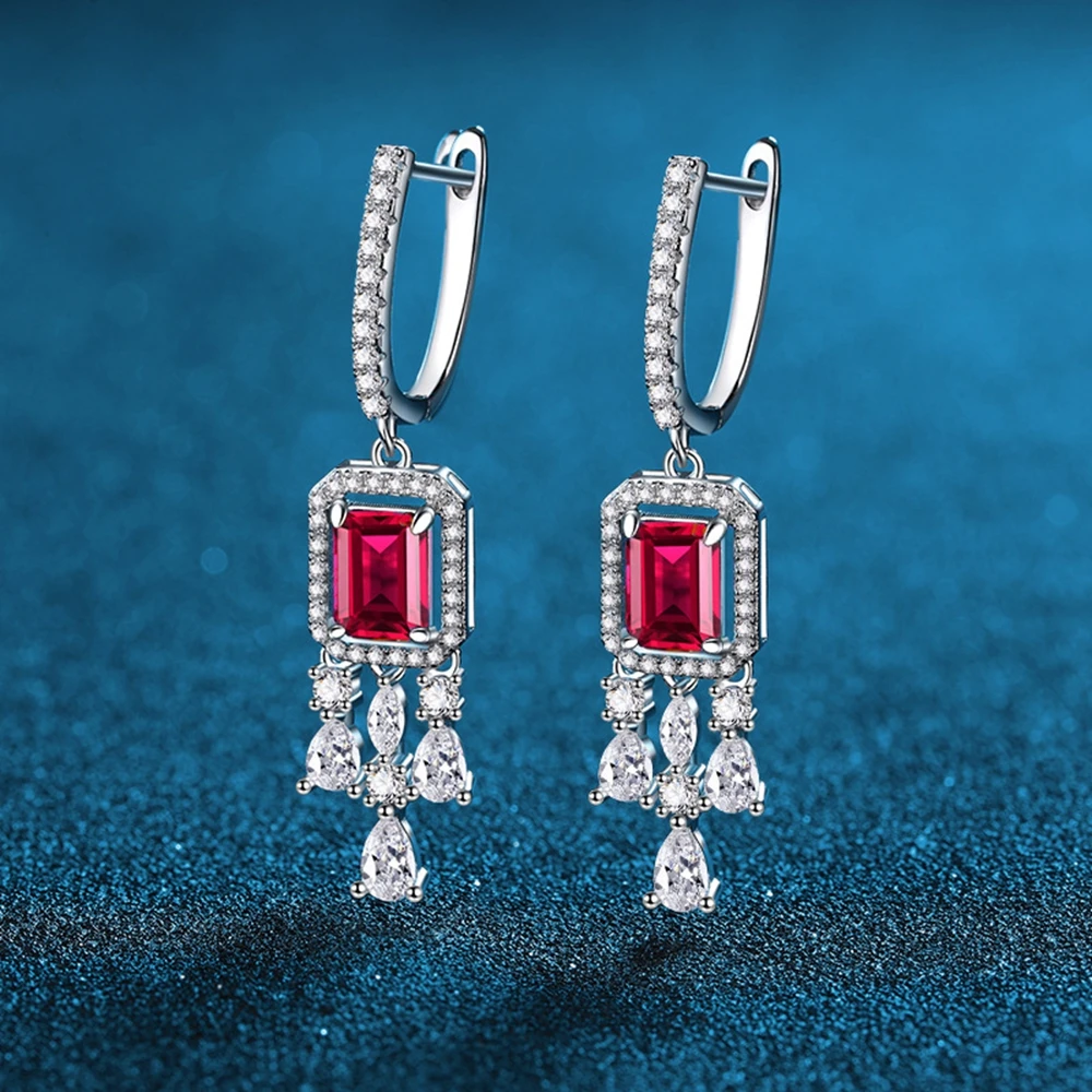 Vinregem 5*7 MM Emerald Sapphire Ruby High Carbon Diamond Gemstone Drop Earrings for Women 100% 925 Sterling Silver Fine Jewelry