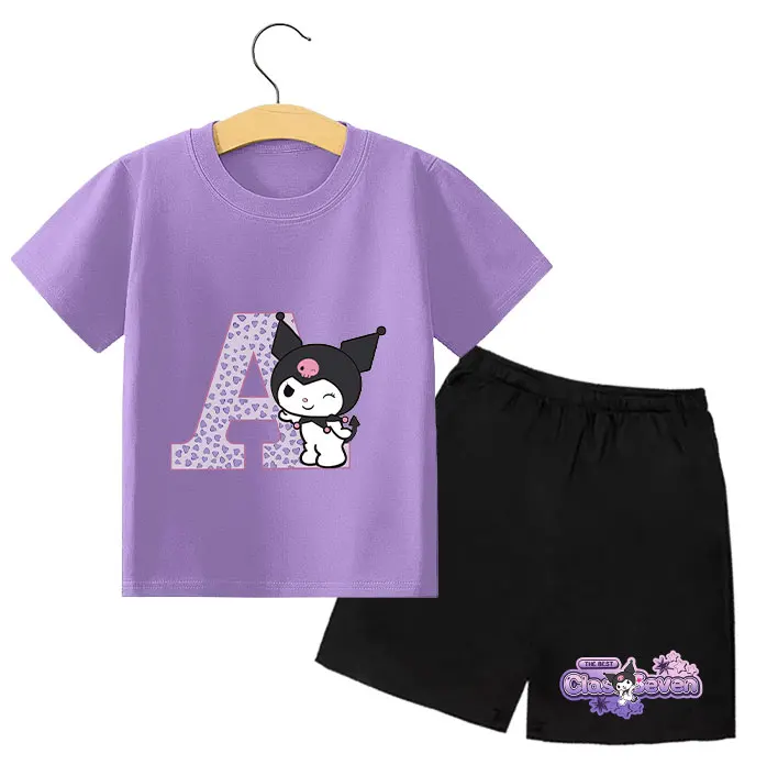 

Sanrio Kuromi T-shirts Short Pants Set Cute Cartoon Letter A-Z Printed T-shirt Kawaii Children Casual Sportswear Girls Clothes