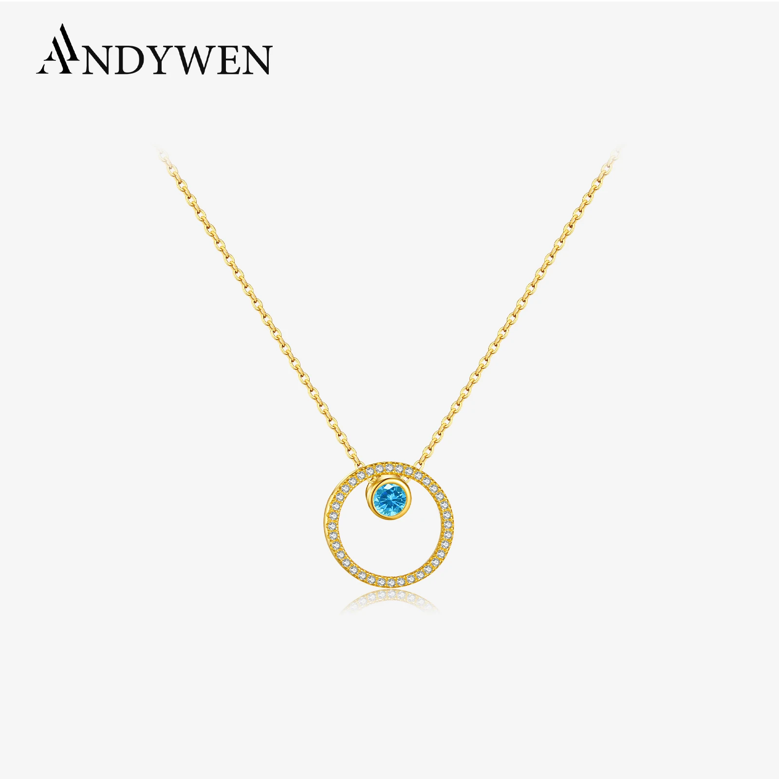 ANDYWEN 925 Sterling Silver Gold Circle Silver Necklace And Topaz Move Blue CZ Zircon Collar Women Fine Jewelry 2023 Spiring Jew