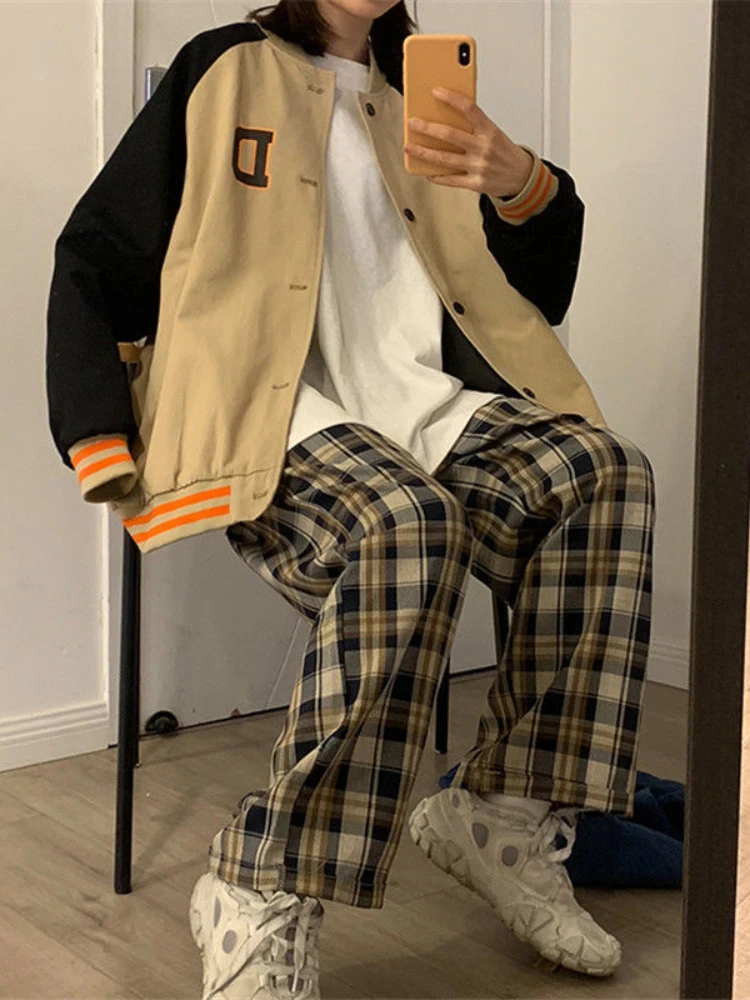 HOUZHOU Harajuku Plaid Pants Women Oversize Wide Leg Trousers Female Korean Style High Waist Checkered Pajama 2021 Spring Summer