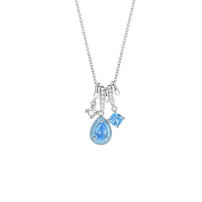 

S925 Sterling Silver Blue Water Drop Square Sugar Zircon Pendant Necklace for Women's Party Birthday