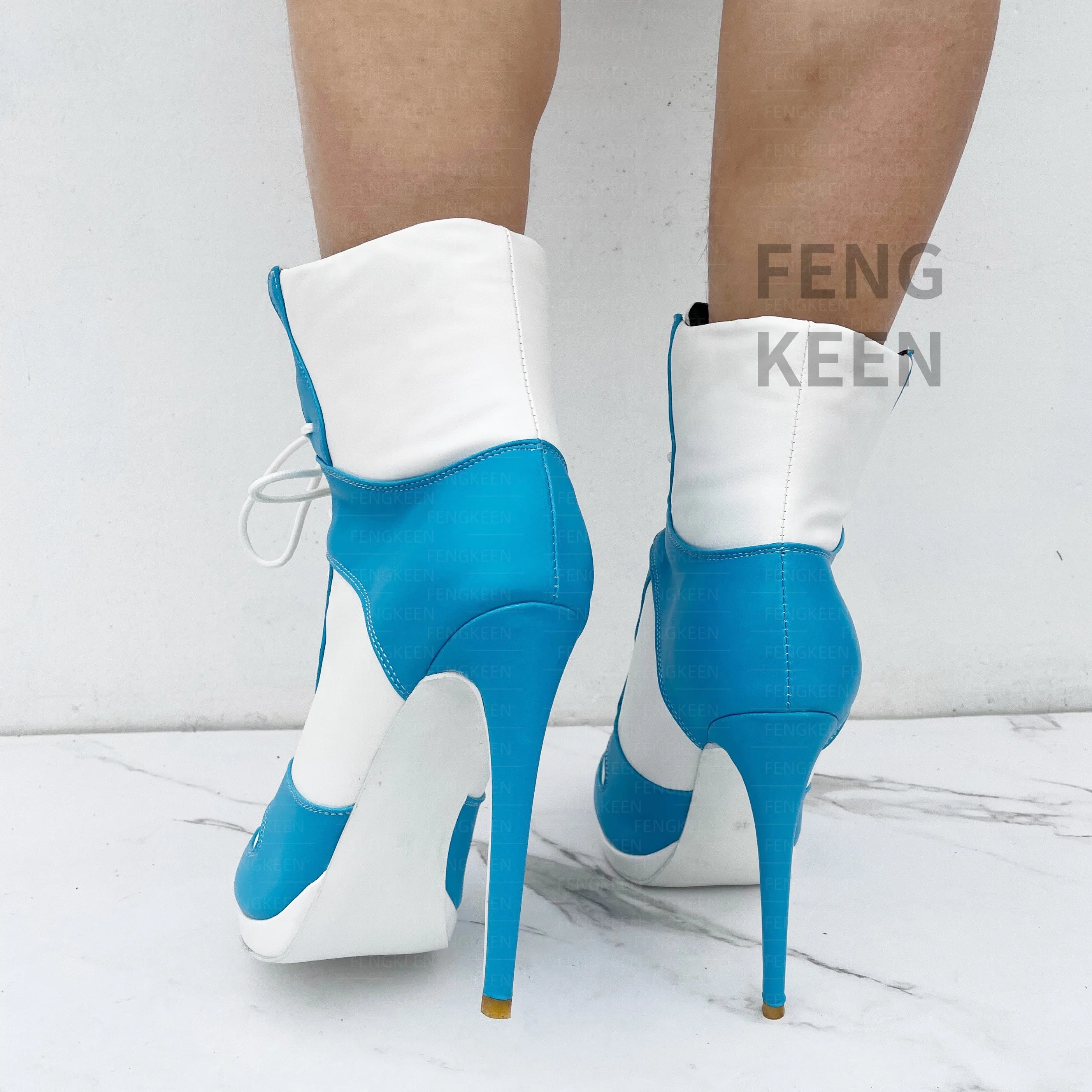 Frankie Hsu Stiletto Sport Basketball High Heeled Ankle Boots, Casual White Baby Blue Sneaker Style Bootie, Large Big Size Fashion Designer Lace Up Short Shoes For Women Men view 5