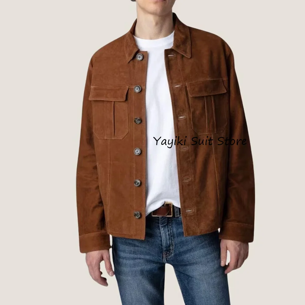 

Модные пиджаки с лацканами, мужские повседневные куртки для мужчин, замшевая ткань, два кармана с клапанами, однобортные новые костюмы, блейзер, одежда