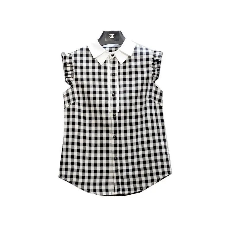 Black White Plaid Sleeveless Shirts Summer Office Lady Buttons Women\'s Clothing 2024 Ladies Cute Tops Fashion All-match Blouses