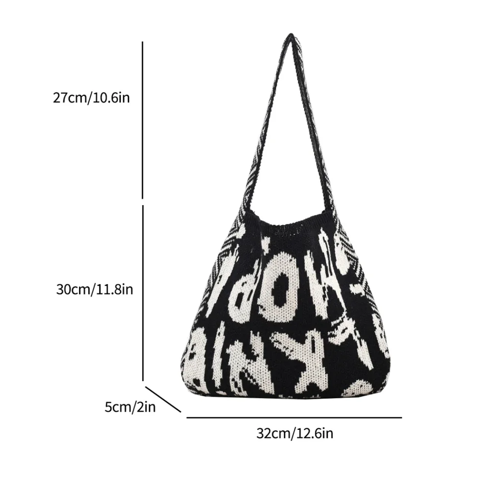 Letter Print Knit Women's Bag Literary Book Bag Knitted Eco Bag Korean Shopping Y2K Crochet Rope Shoulder Bag Knitting Handbag