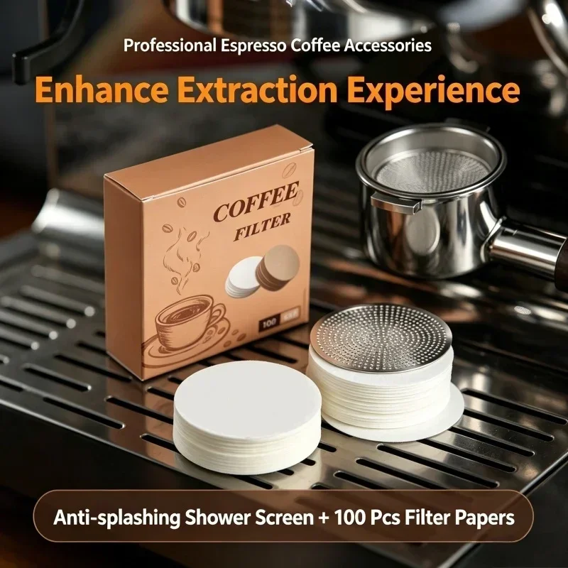 Premium Round Coffee Filter 100 Sheets Combo Stainless Steel Shower Screen Home Commercial Espresso Coffee Making Tool Accessory