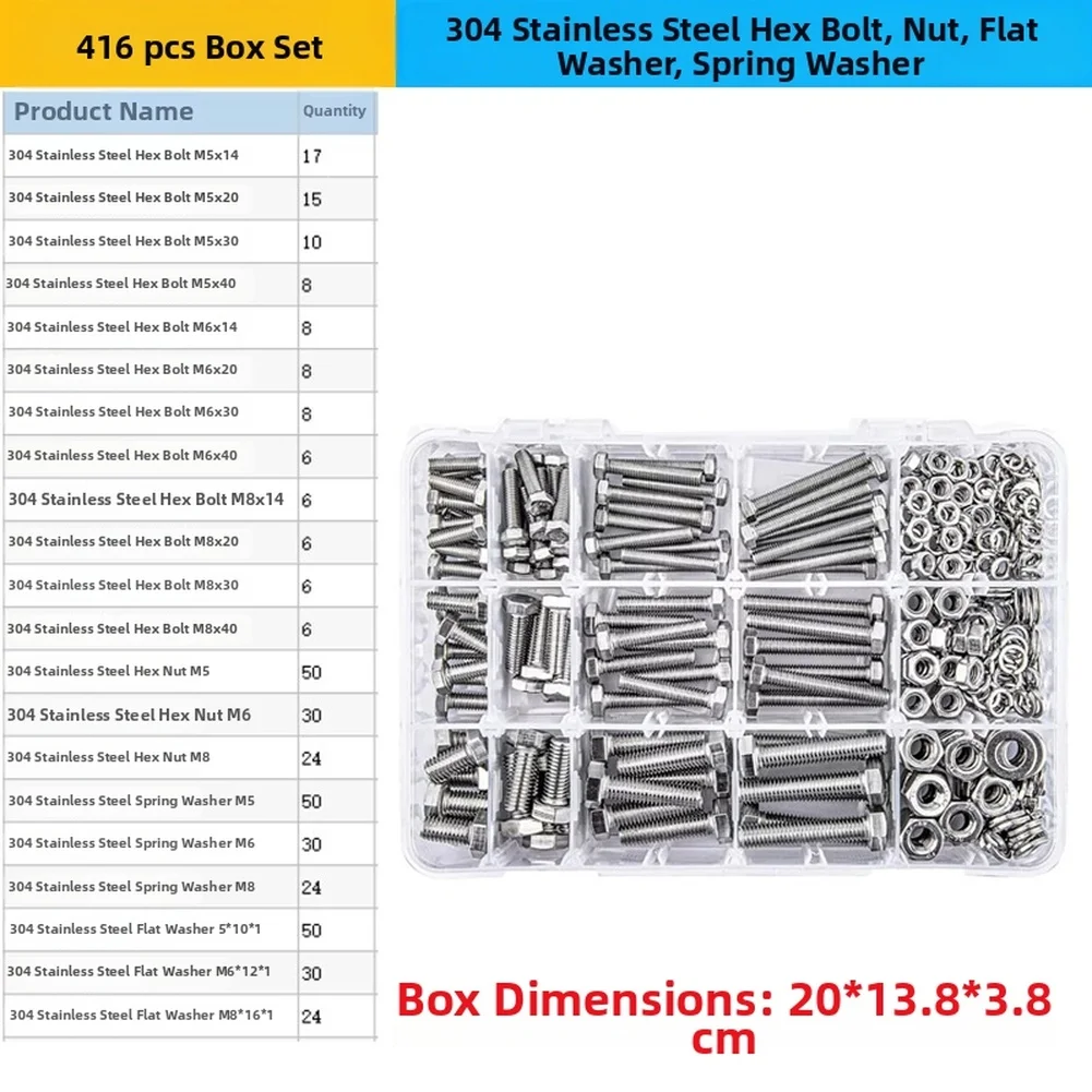 /416Pcs /304 /Stainless Steel Hex Head Bolts Nuts Flat Spring Washers Assortment Kit M5 M6 M8 Metric Fastener Set For Home Repai