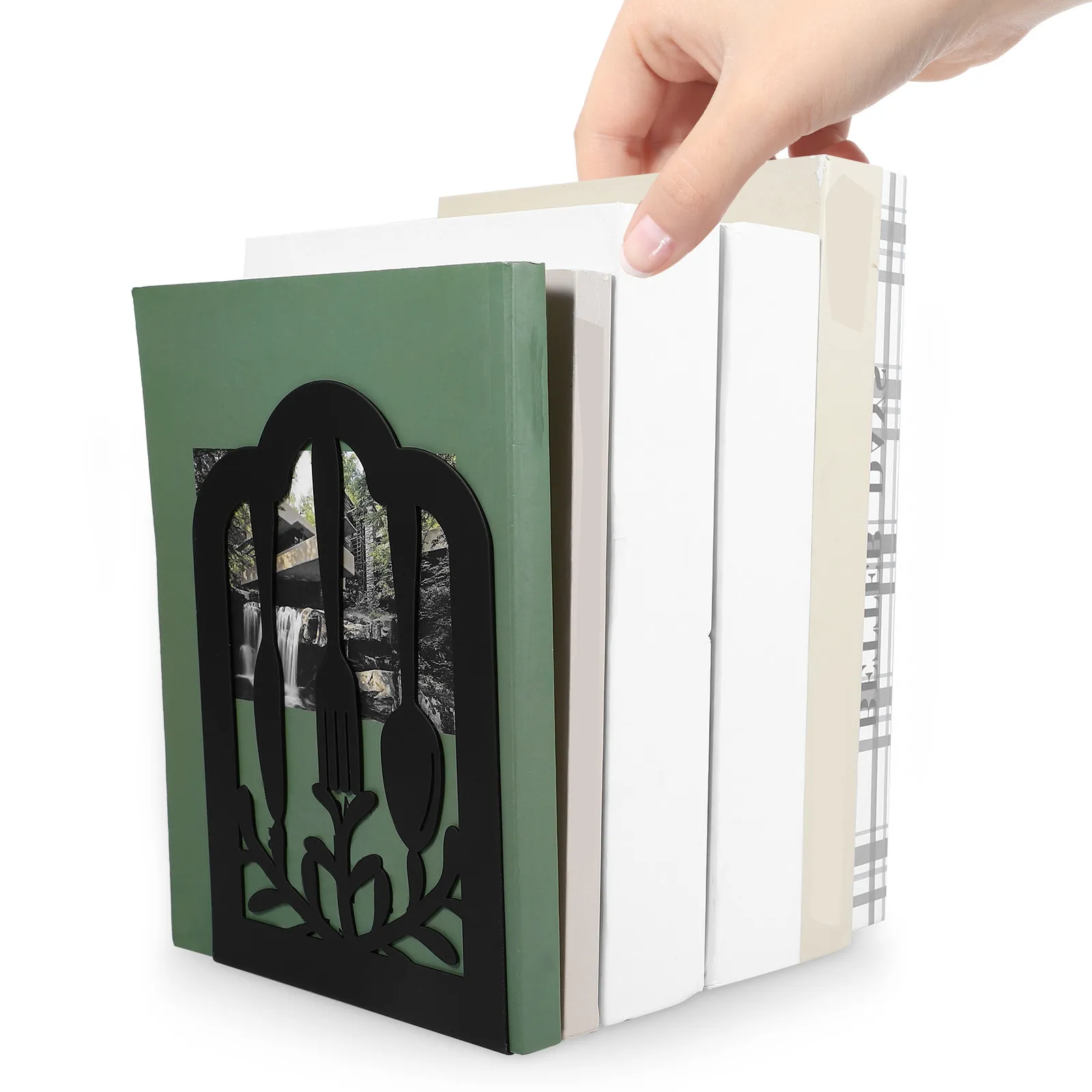 

1 пара металлических подставок для книг в дизайне столовых приборов, подставка для тяжелых книг, настольный органайзер, декоративные разделители для полок