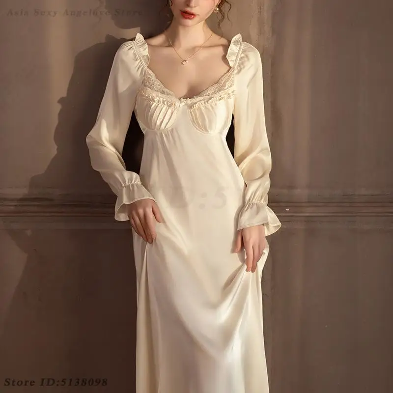 

2025 New Nightdress French Sexy Lace Nightgown Spring Summer Ice Silk Long Sleeve Home Dressing Sleepwear Loose Satin Nightwear