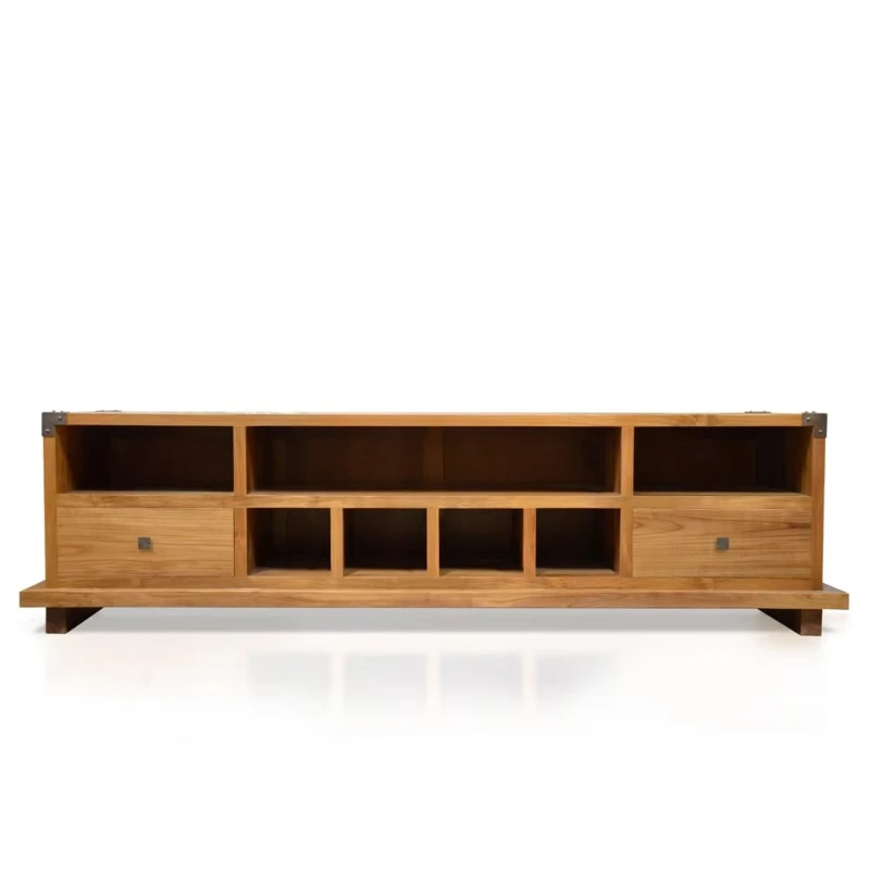 

Solid teak style TV cabinet with 2 drawers, pre-assembled living room multi-functional minimalist home furniture