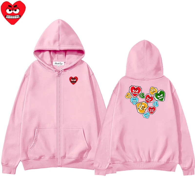 Little Love Printing Men Women Zipper Hoodie Cool Cute Snag Heart Embroidery Polyester Pocket Loose Thin Autumn Sweater