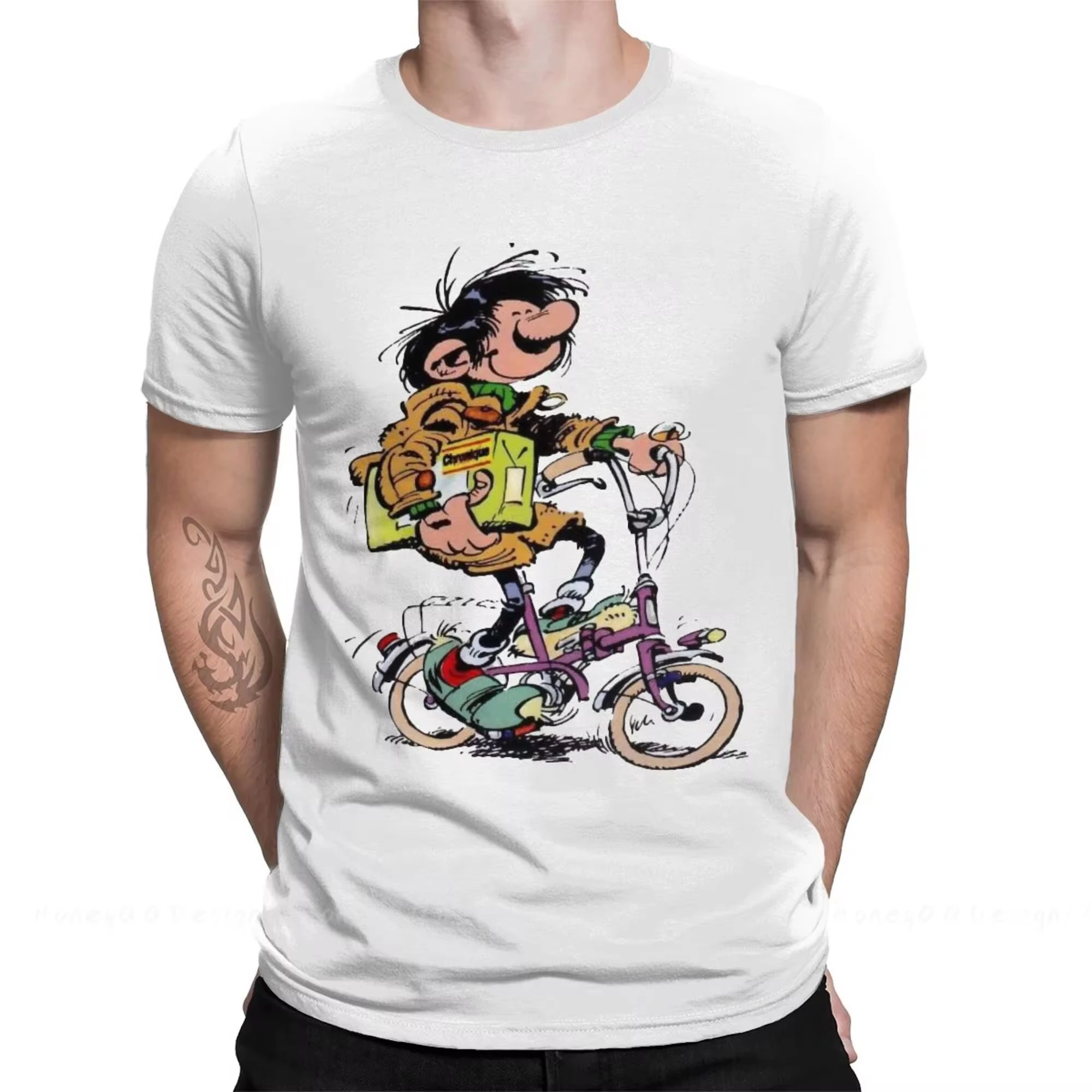 Funny Cartoon Print Cotton Shirts Hombre Gaston Lagaffe Anime Men Fashion Streetwear Adult TShirt