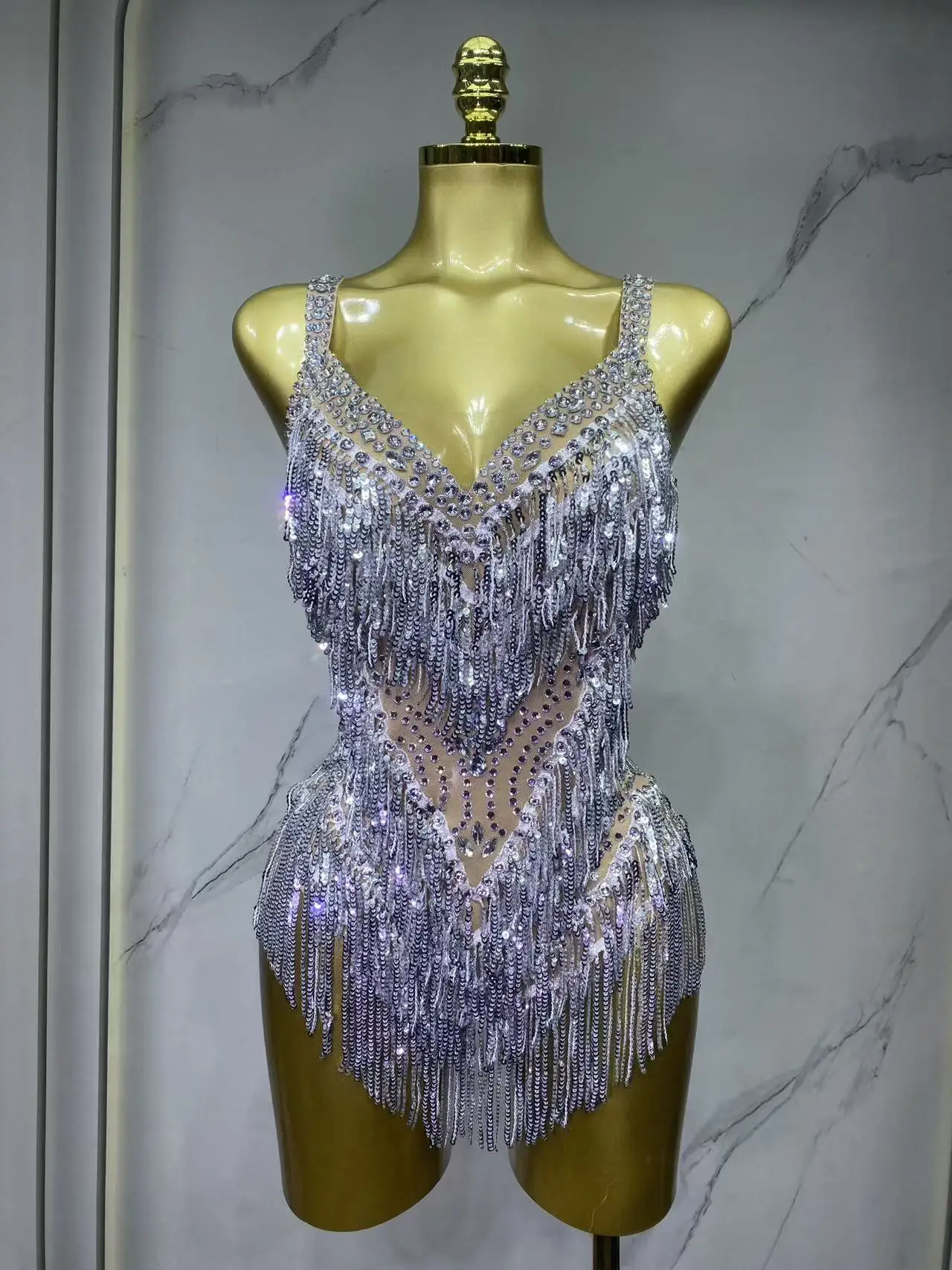 Sparkly Rhinestones Fringes Bodysuit Women Sexy See Through Party Outfit Performance Dance Costume Singer Dancer Show Stage Wear view 5