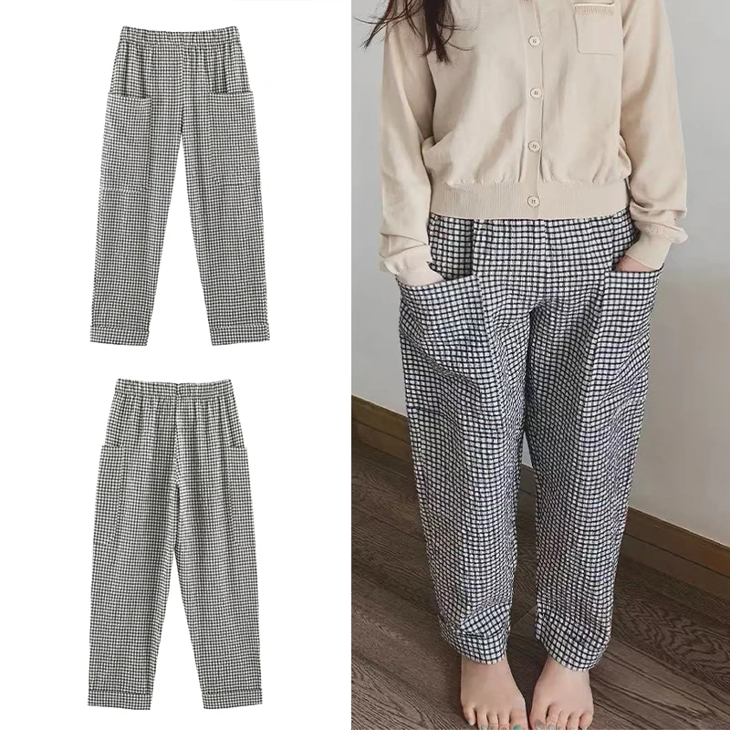 Guobioziy 2026 Spring Autumn Women Checkered Casual Trousers Elastic Waist Loose Straight Big Patch Pockets Daily Wear Pants