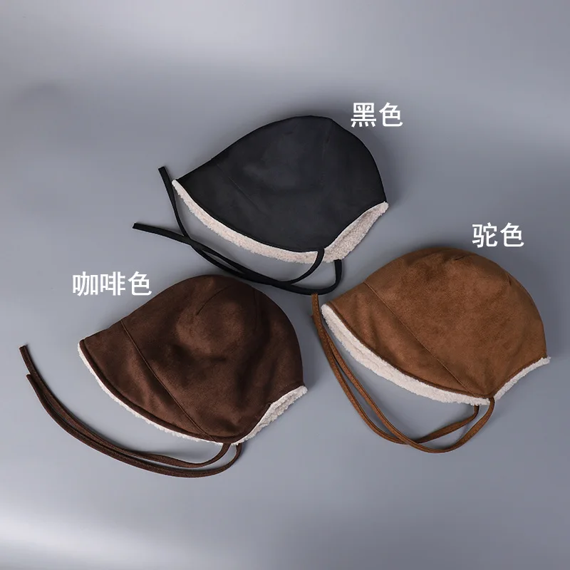 الكورية سميكة صوف الضأن منفذها قبعة مع الرجعية تقليد الجلد المدبوغ شريط مخملي الدفء حماية آذان قبعة بحافة دافئة