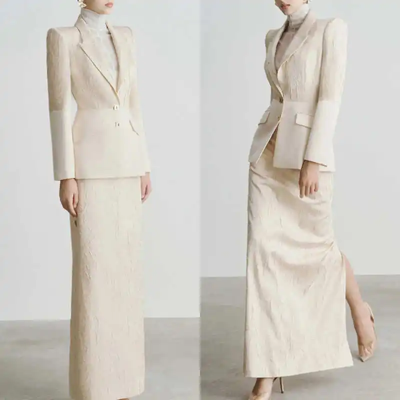 

Elegant Jacquard Women's Blazer Slit Straight Long Skirt 2 Pieces Set Women Autumn Temperament Set Office Wear Customized