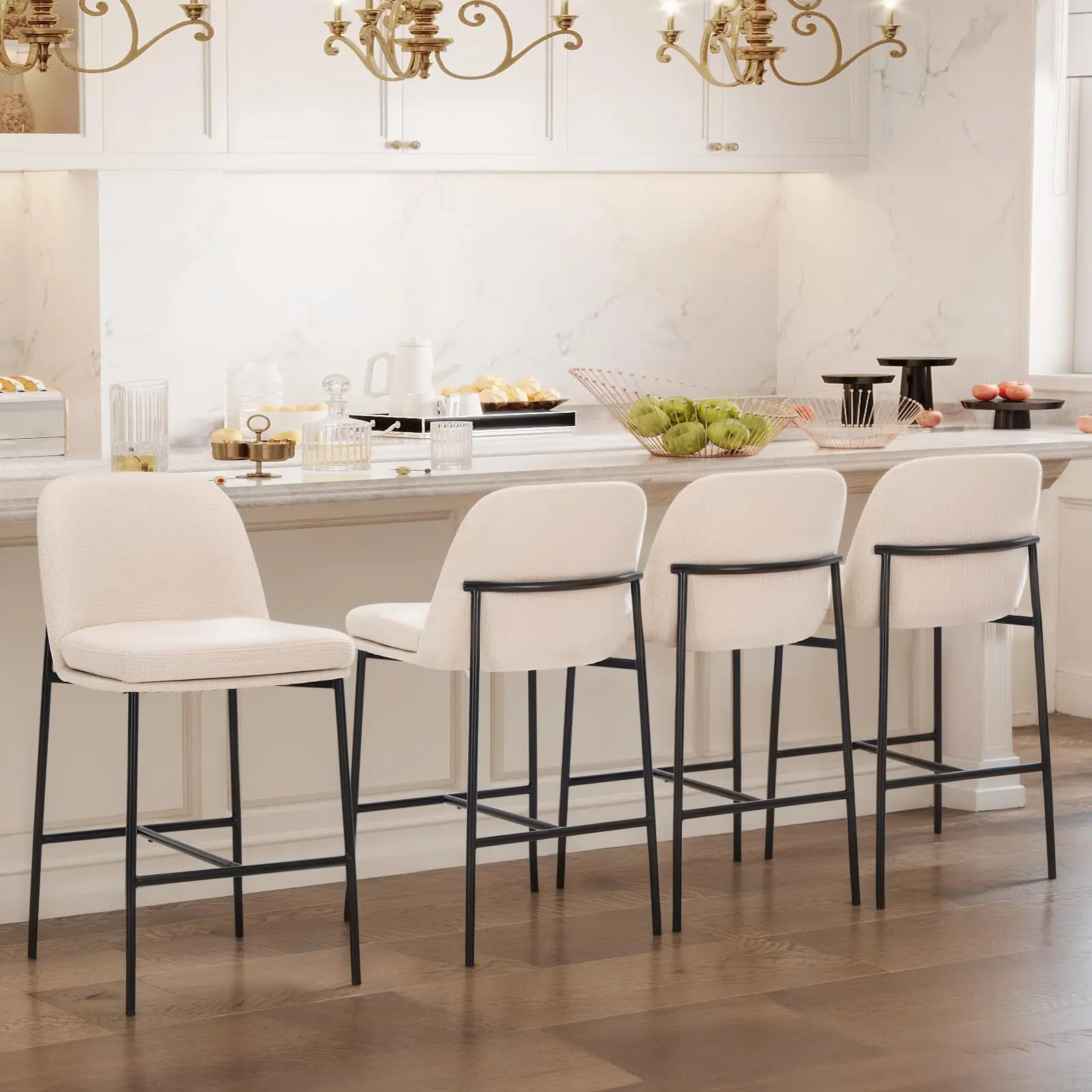 

Set Of Four Contemporary Fabric Bar Stools With Padded Seat, Curved Backrest, And Black Metal Frame For Kitchen Island Or