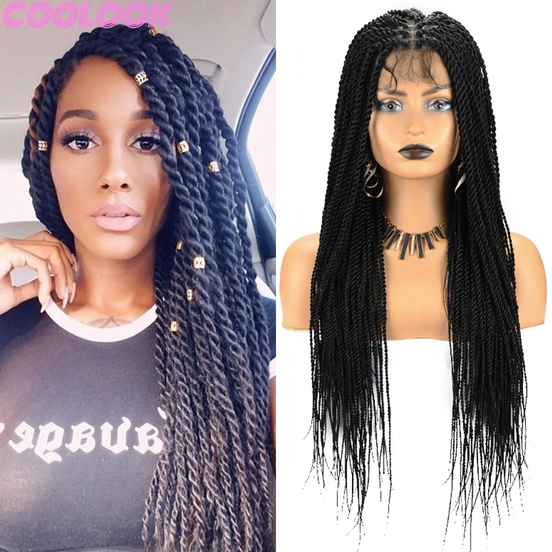 26 Inch Synthetic Braided Wigs Full Lace Senegalese Twists Braid Lace Frontal Wigs Black Goddess Knotless Square Part Braids Wig