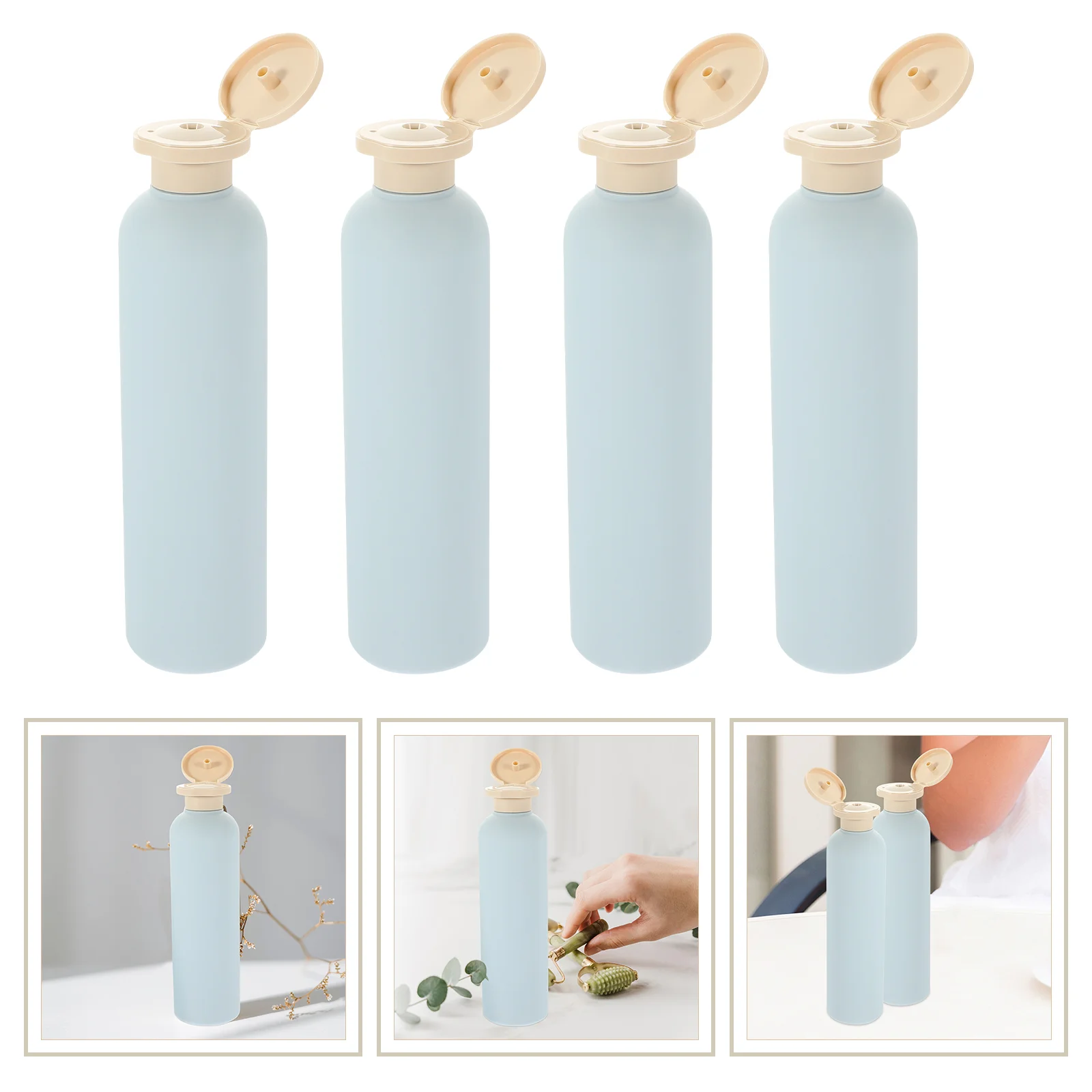 4 Pcs Light Blue Flip-top Lotion Bottle 260ml Shower Gel Shampoo Travel Bottles Hairpin Plastic Hdpe with Lids