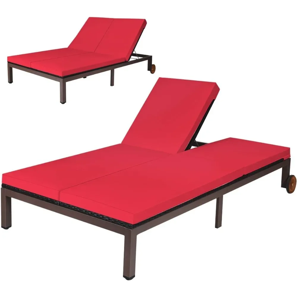 2 Person Patio Lounger, Outdoor Rattan Double Wicker Sunbed Lounger with Adjustable Backrest Wheels and Cushion (Red)