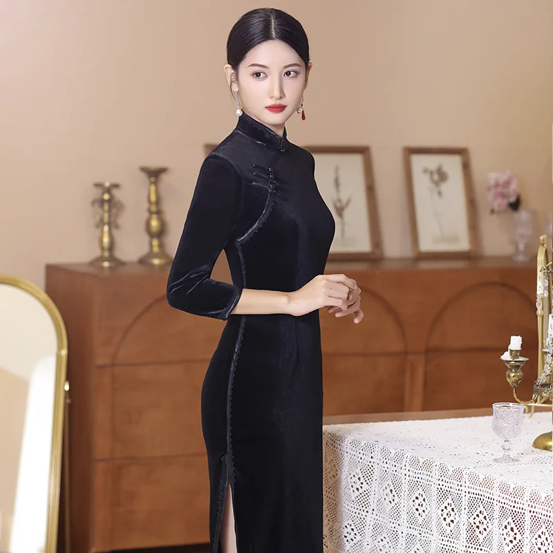 Autumn Winter Black Velvet Cheongsam Fashion Long Retro Style Dress Elegant Wedding Party Costumes Qipao M To 5XL