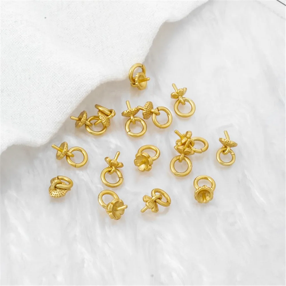 18K Gold-wrapped Matte Gold Six-leaf Thread Sticky Half-hole Needle Bead Holder Cap Needle Pendant Pearl Holder, 4mm