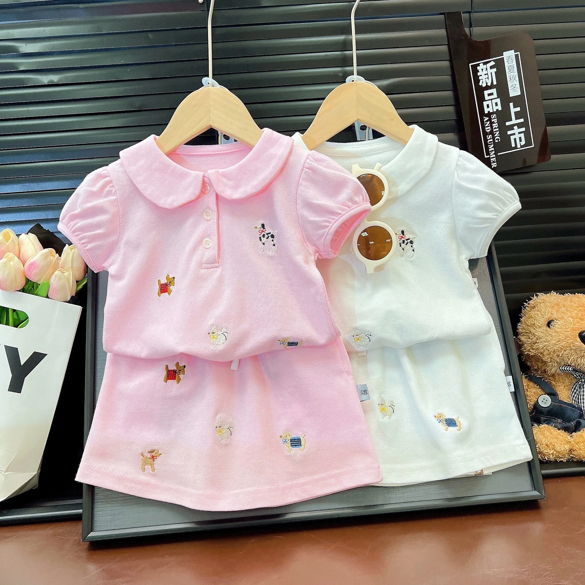 

2025 Spring and Summer New Children's Clothing Cute Polo Shirt Top and Short Skirt Two Piece Set Cartoon Embroidery Set