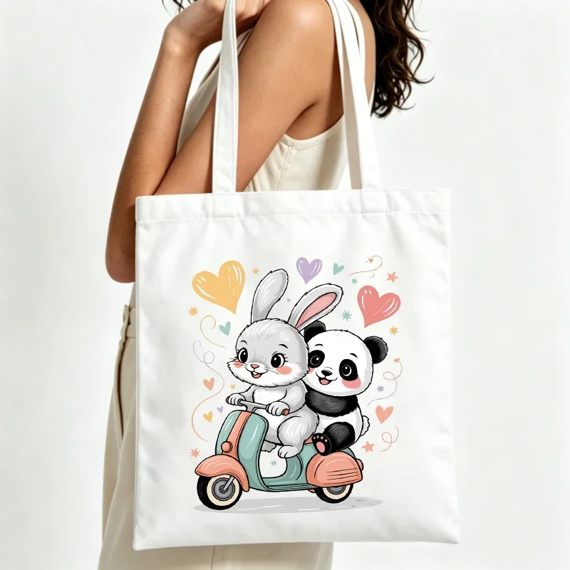 Women's cute animal graphic canvas tote bag with retro scooter design, perfect for casual daily use and summer outings