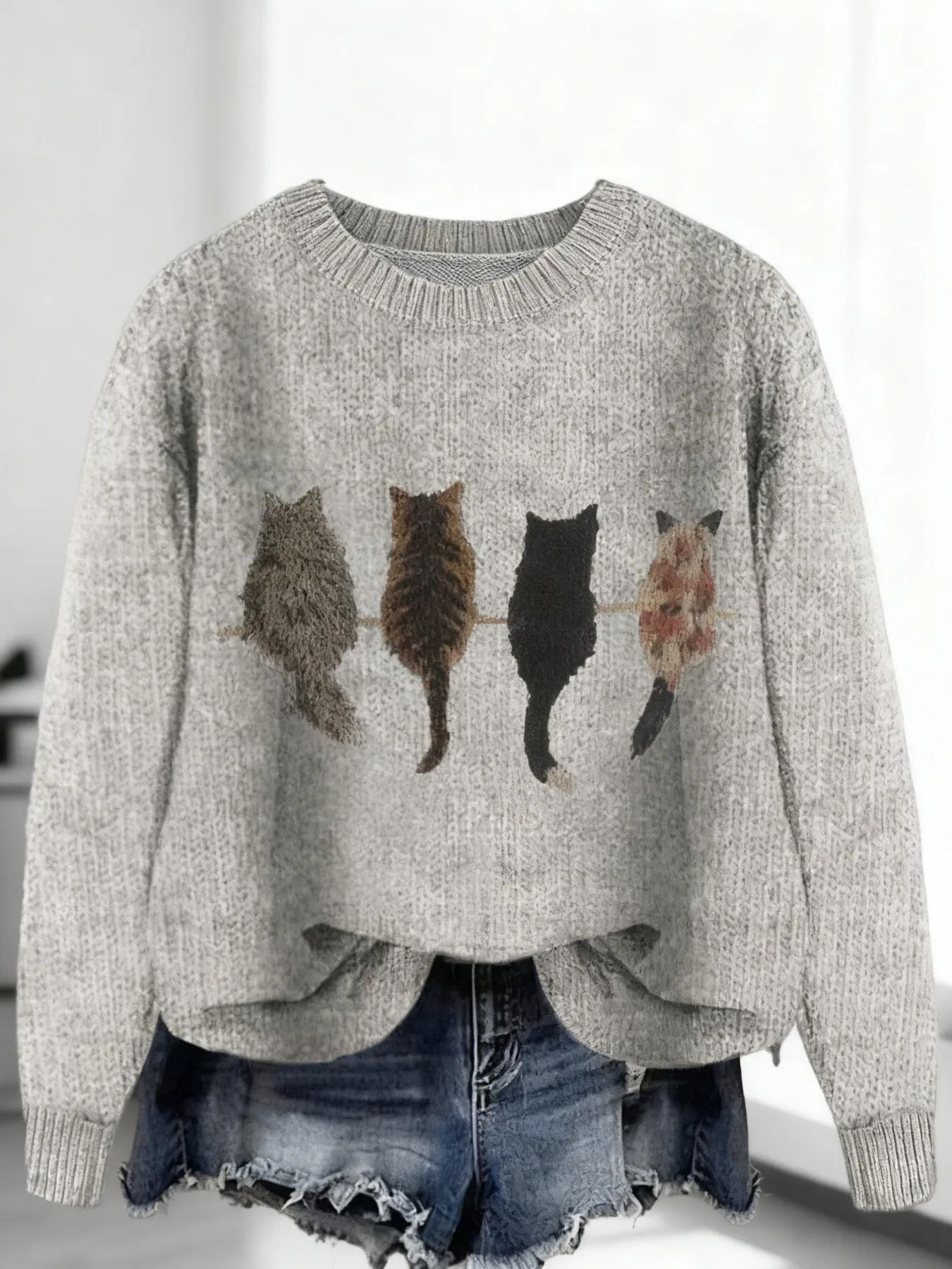 Loose and lazy-style top with cat prints, casual daily street-style cute pullover, basic casual wear