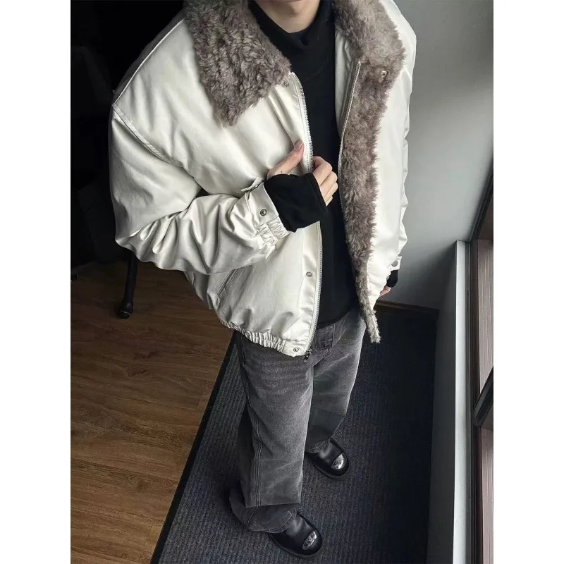 Męska kurtka Harajuku zimowa ciepła polarowa z futrzanym kołnierzem bawełniana kurtka w stylu amerykańskim gruba ocieplana odzież wierzchnia casualowa moda streetwear