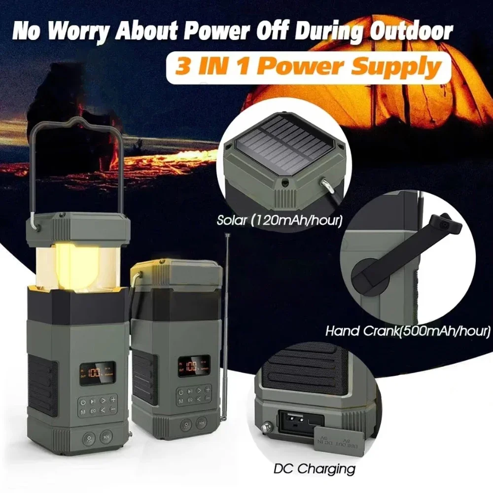 

Portable Outdoor Waterproof Hand Crank Speaker SOS Dynamo Radio Solar Lamp Rechargeable LED Camping Lantern with Power Bank