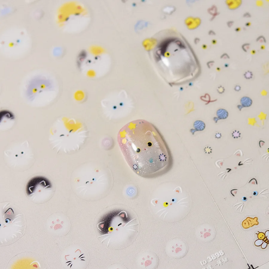 ملصقات فنية للأظافر من Kawaii popom Cat ، شارات منزلقة ذاتية اللصق ، كرتون ياباني ، خطوط الربيع ، زهرة ، تصنعها بنفسك ، 5D ، 1